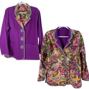 Koos of Coursee! Size M Linen Blend Art to Wear Reversible Floral Jacket Purple